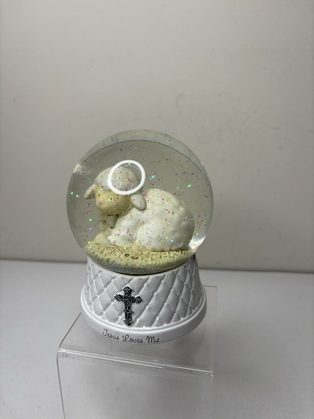 Nat & Jules Jesus Loves Me Snow Globe White Lamb Baptism Music Box Religious